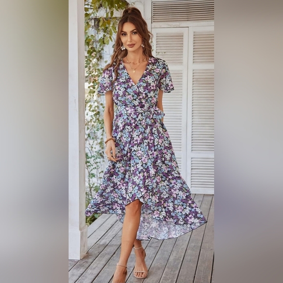 Prettygarden Purple Floral V-Neck Flutter Sleeve Wrap Dress Women's XXL (20-22) - Picture 1 of 10